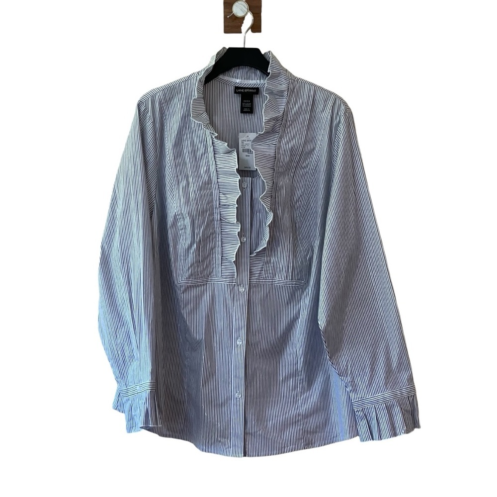 NWT! Lane Bryant Ruffle Tuxedo‎ Front Metallic Pinstripe Button-Down